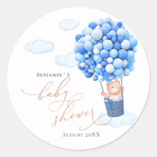 Rond Sticker baby shower Bear Balloon bleu blanc