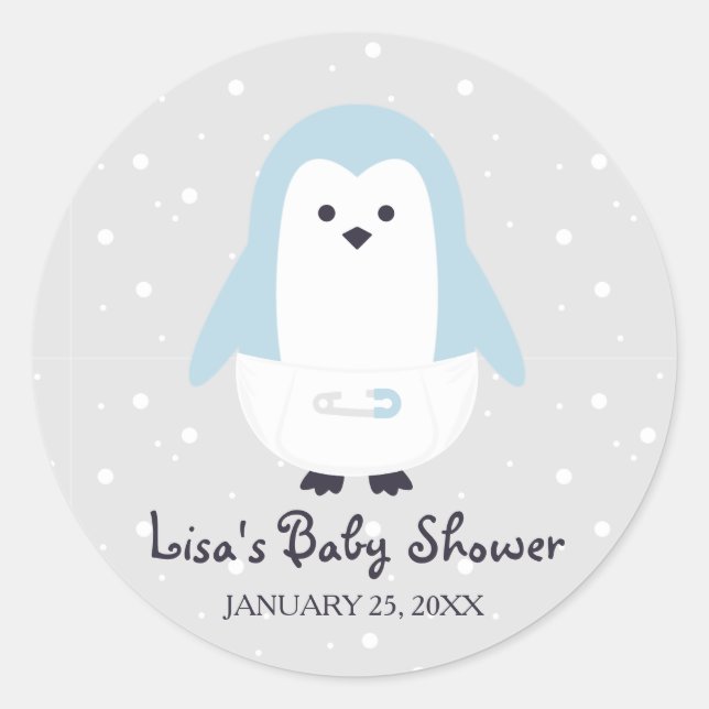 Rond Sticker Baby shower Bébé Bleu Pingouin (Devant)
