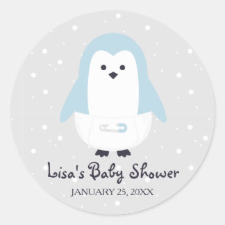 Rond Sticker Baby shower Bébé Bleu Pingouin