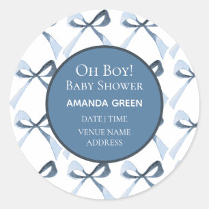 Rond Sticker Baby shower Bows Bleus Oh Boy