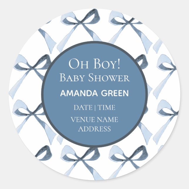 Rond Sticker Baby shower Bows Bleus Oh Boy (Devant)