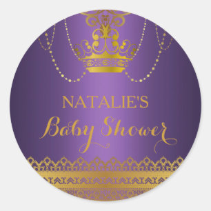 Rond Sticker Baby shower Couronne violet et or