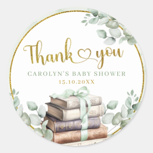 Rond Sticker Baby shower de Merci de livre vert (Devant)