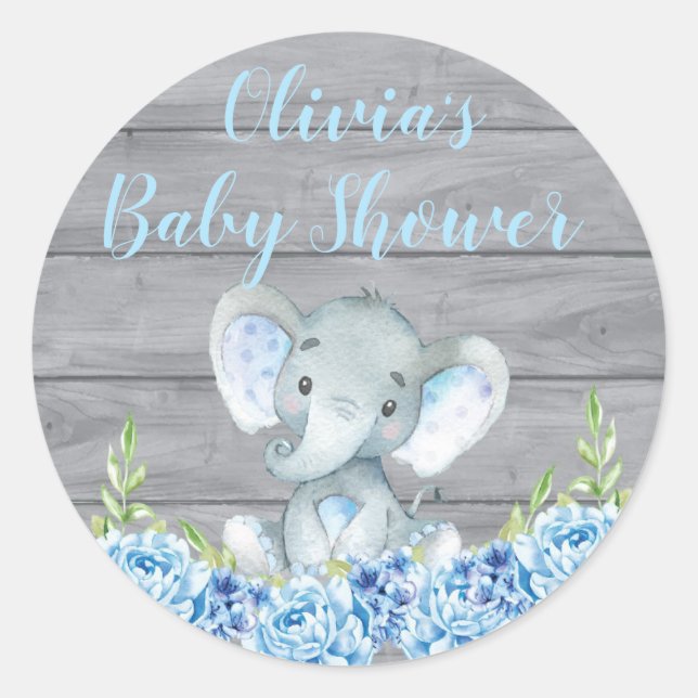 Rond Sticker Baby shower éléphant bleu (Devant)