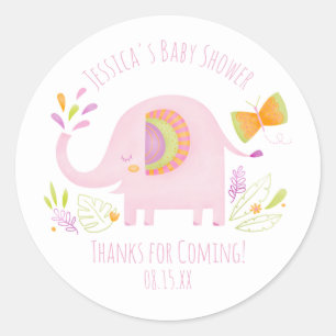 Rond Sticker Baby shower Eléphant Rose Cute