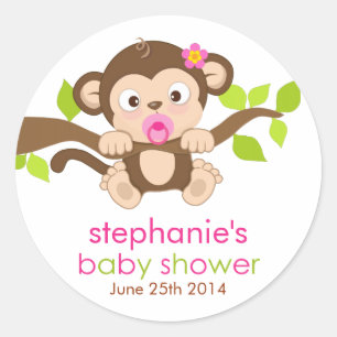 Rond Sticker Baby shower fille singe mignonne