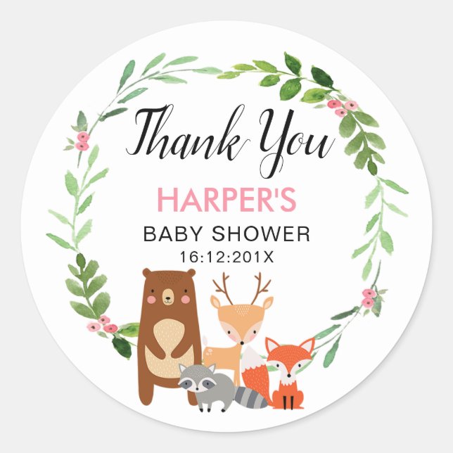 Rond Sticker Baby shower Filles Bois Animaux (Devant)