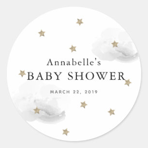 Rond Sticker Baby shower Gold Stars & Grey Clouds