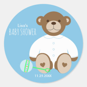 Rond Sticker Baby shower Ours Teddy, arrière - plan ble