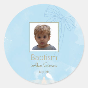 Rond Sticker Baptême Bleu Doux avec Accents Or