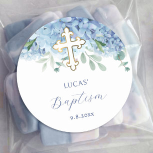 Rond Sticker Baptême Hydrangée Bleue