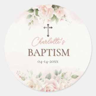 Rond Sticker Baptême Personnalisé - Roses Roses Roses R