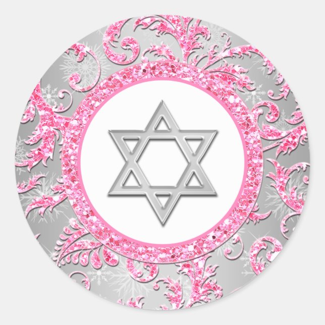 Rond Sticker Bat mitzvah Damask Winter Wonderland 2 (Devant)