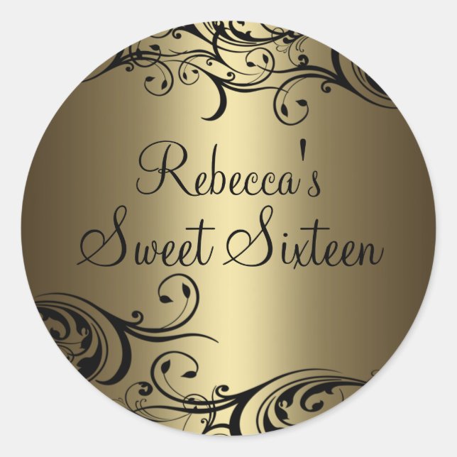 Rond Sticker Black/Gold Floral Swirl Sweet 16 (Devant)