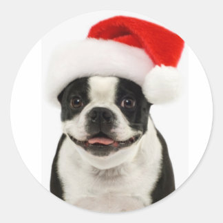 Rond Sticker Boston Terrier Père Noël