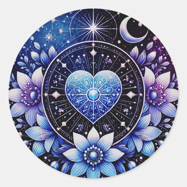 Rond Sticker cardiaque céleste avec fleurs mystiques (Devant)