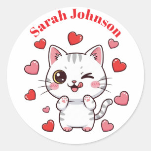 Rond Sticker chat mignon avec Coeurs et nom personnalis