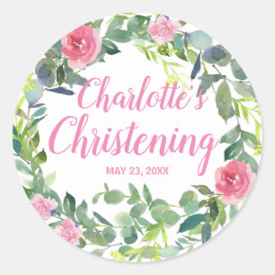 Rond Sticker Christening Personnalisé avec Fleurs Roses