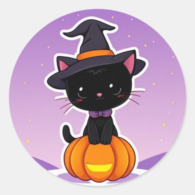 Rond Sticker Citrouille de chat noir Kawaii Halloween (Devant)