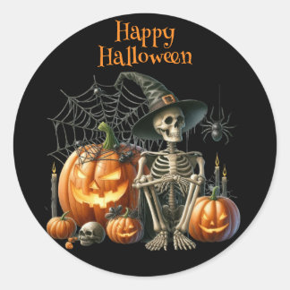 Rond Sticker Citrouille d'Halloween squelette