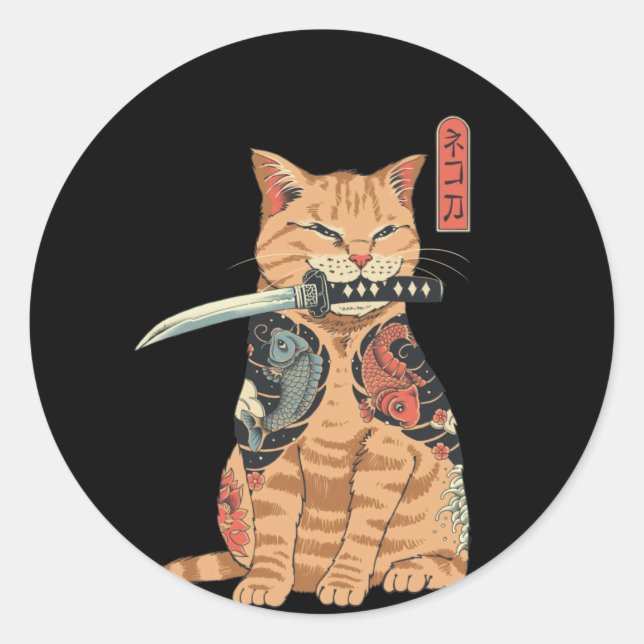 Rond Sticker classique japonais Samurai Chat (Devant)