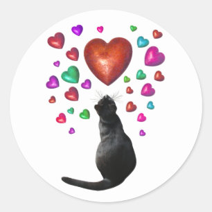 Rond Sticker Coeurs Chat Noir