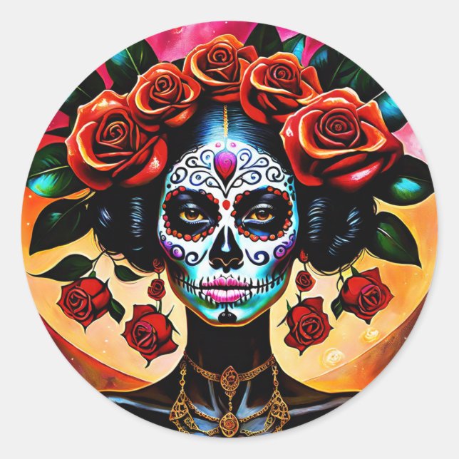 Rond Sticker crâne Rose Hermosa Jour des Morts (Devant)