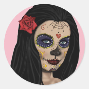Rond Sticker crâne sucre fille Pink Day of Dead