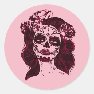 Rond Sticker crâne sucre fille rose - Jour des morts