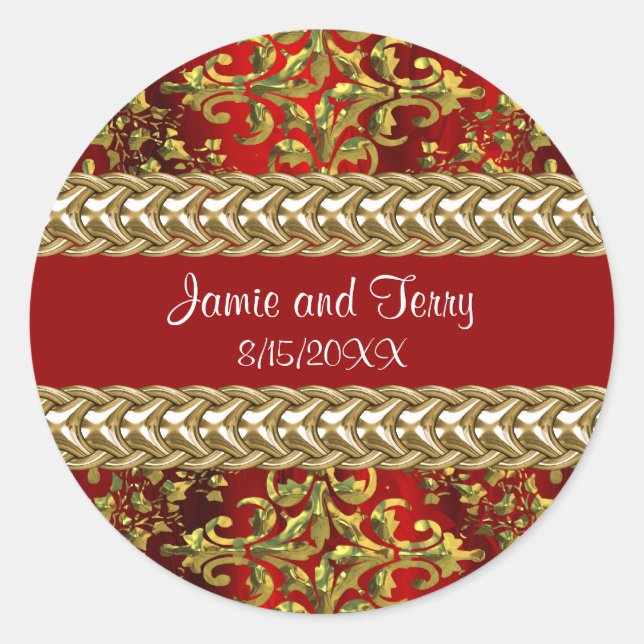 Rond Sticker Damask Red Gold, Mariage Gold Chain (Devant)