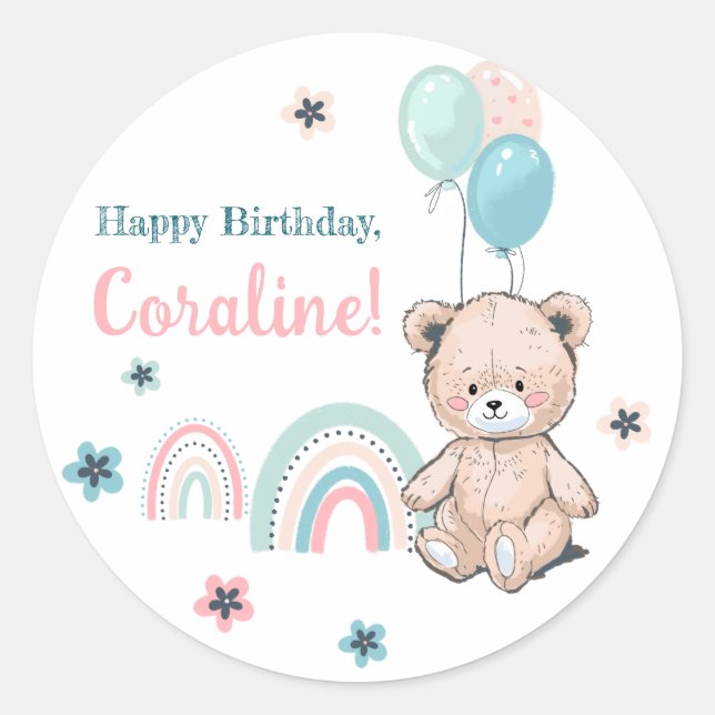 Rond Sticker d'anniversaire avec ours en peluche mignon (Devant)