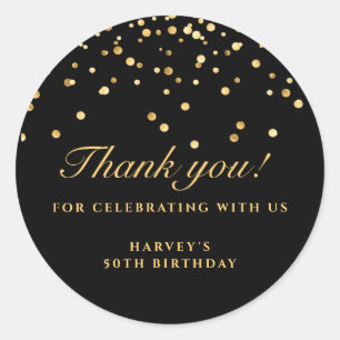 Rond Sticker d'anniversaire Confetti Noir & Or, Merci