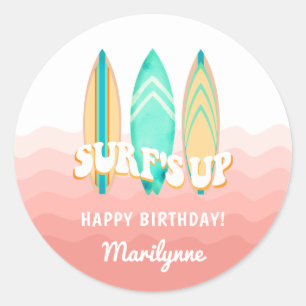 Rond Sticker d'anniversaire Pink Surfs Up Surboard