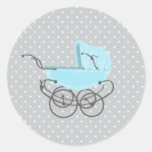 Rond Sticker de Baby shower de Pram Bleu