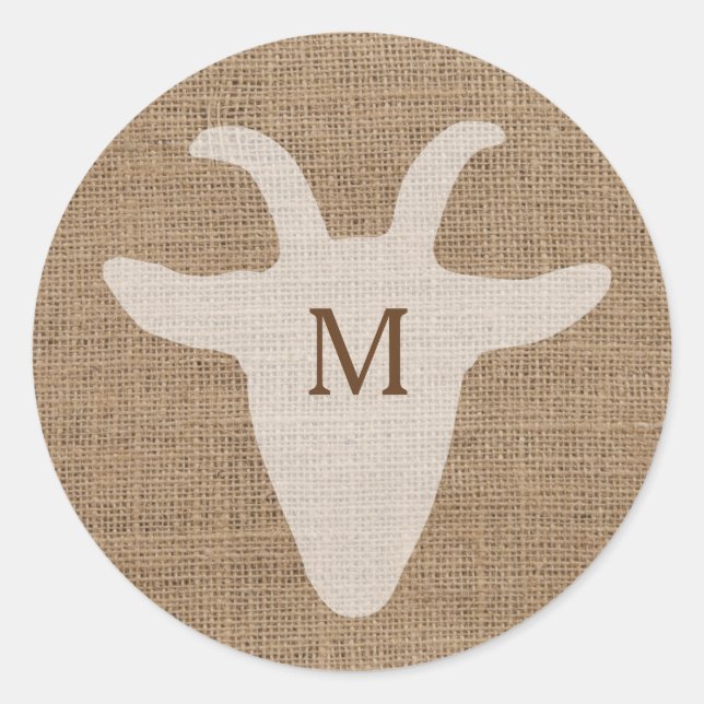 Rond Sticker de Burlap Monogramme de chèvre rustique (Devant)
