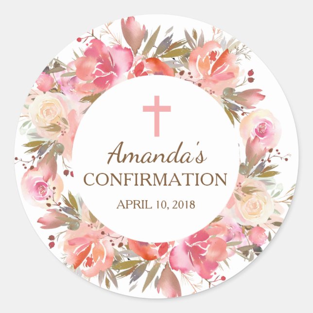 Rond Sticker de confirmation de florale rose (Devant)