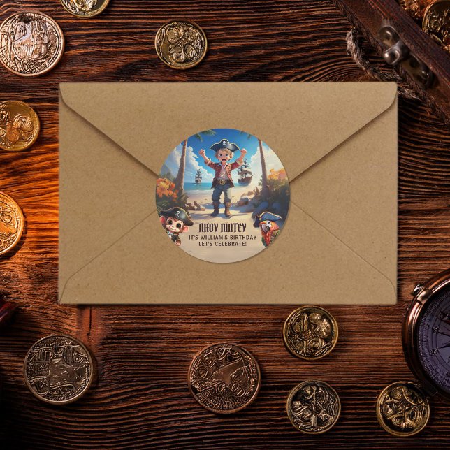 Rond Sticker de fête d'anniversaire pour pirate de l'îl (Créateur téléchargé)