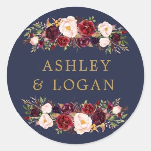 Rond Sticker de mariage floral Marine Gold Marsala Favo