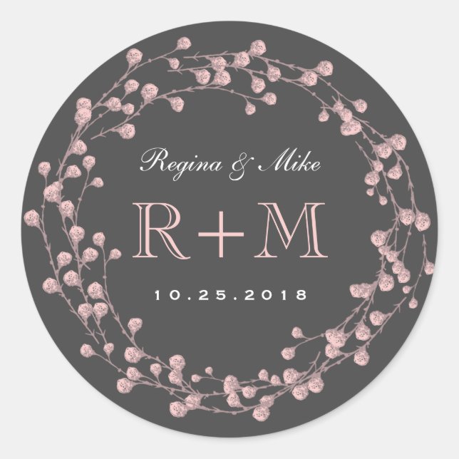 Rond Sticker de mariage préféré de fleurs rose gris (Devant)