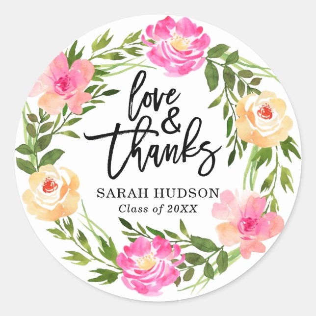 Rond Sticker de Merci de graduation en fleurs assez ros (Devant)