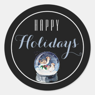 Rond Sticker de Noël avec des oiseaux Happy Holiday