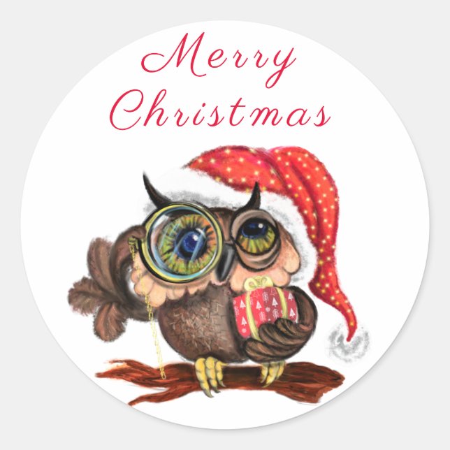 Rond Sticker de Noël Chouette bébé avec cadeau (Devant)