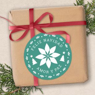 Rond Sticker de Noël Feliz Navidad Poinsettia