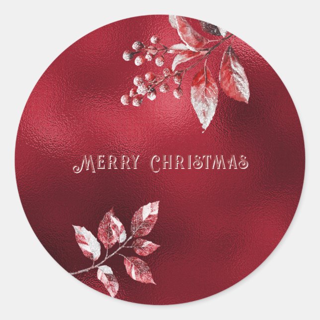 Rond Sticker de Noël Feuille neige rouge (Devant)