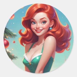 Rond Sticker de Noël Pin-up fille, Redhead ROUND