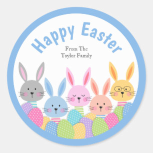 Rond Sticker de Pâques groupe de lapins avec oeufs