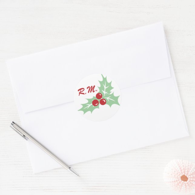 Rond Sticker de vacances Holly Feuilles et Berries Mono (Enveloppe)