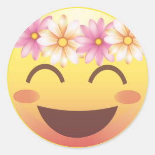 Rond Sticker de visage Emoji Blushing Couronne Fleur