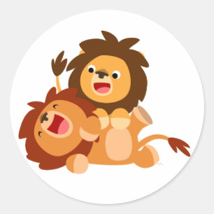Rond Sticker deux mignonnes Lions Cartoon Jouant