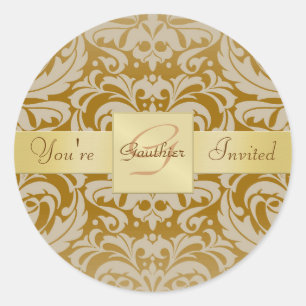 Rond Sticker d'invitation en or Monogramme Tan Damask